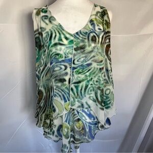 Kay Celine sleeveless double layered sheer‎ patterned blouse Green/white Medium